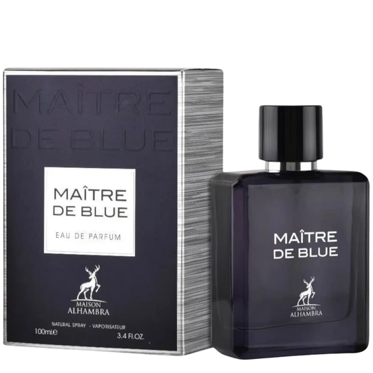 Maitre de Blue perfume bottle and packaging on a white background