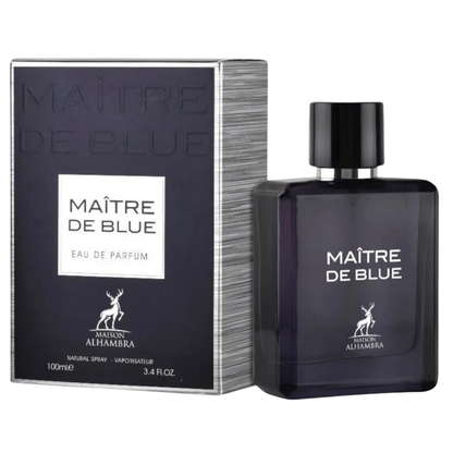 Maitre de Blue perfume bottle and packaging on a white background