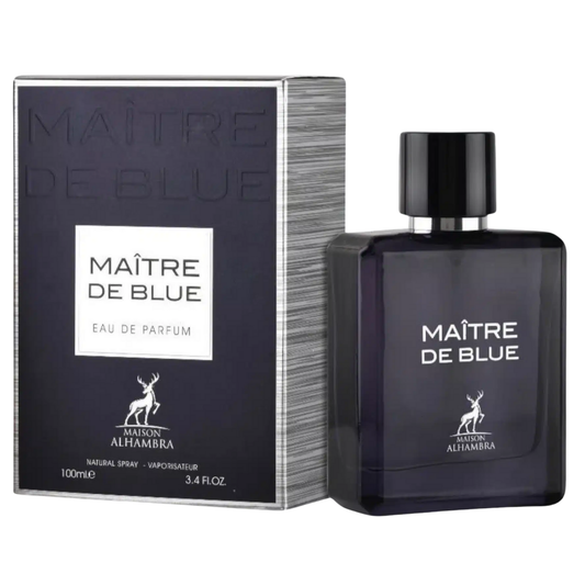 Maitre de Blue perfume bottle and packaging on a white background