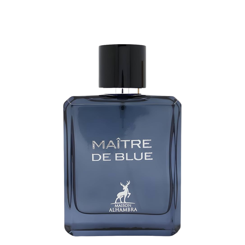 Blue perfume bottle labeled 'Maitre de Blue' by Maison Alhambra on a white background