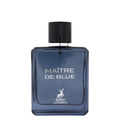 Blue perfume bottle labeled 'Maitre de Blue' by Maison Alhambra on a white background