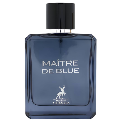 Blue perfume bottle labeled 'Maitre de Blue' by Maison Alhambra on a white background