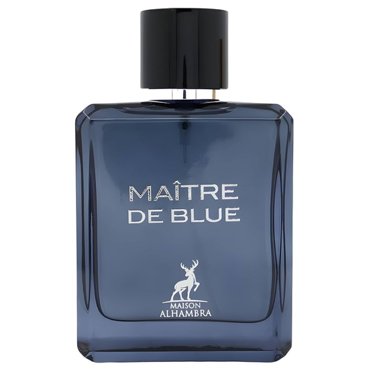 Blue perfume bottle labeled 'Maitre de Blue' by Maison Alhambra on a white background