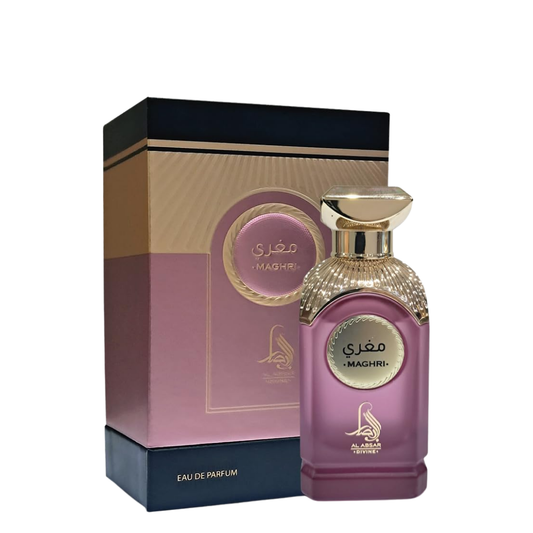 Purple perfume bottle with gold cap and packaging on a white background. Maghri by Al Absar Womens Perfume