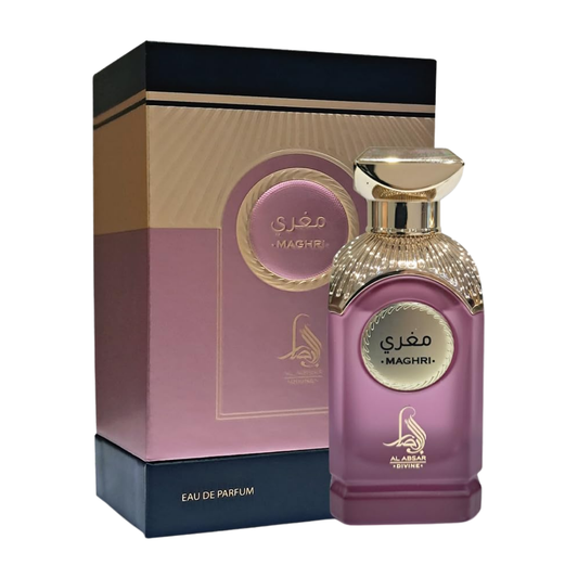 Purple perfume bottle with gold cap and packaging on a white background. Maghri by Al Absar Womens Perfume