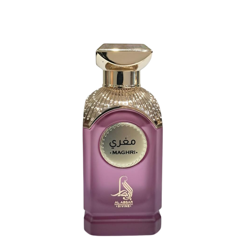 Perfume bottle with gold cap and purple body on a white background. Maghri by Al Absar Womens Perfume