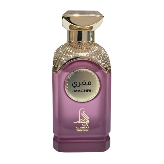 Perfume bottle with gold cap and purple body on a white background. Maghri by Al Absar Womens Perfume