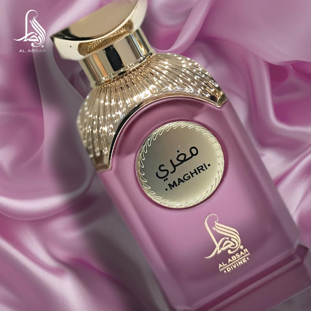 Pink perfume bottle with gold cap on a pink fabric background, Maghri by Al Absar Womens Perfume.