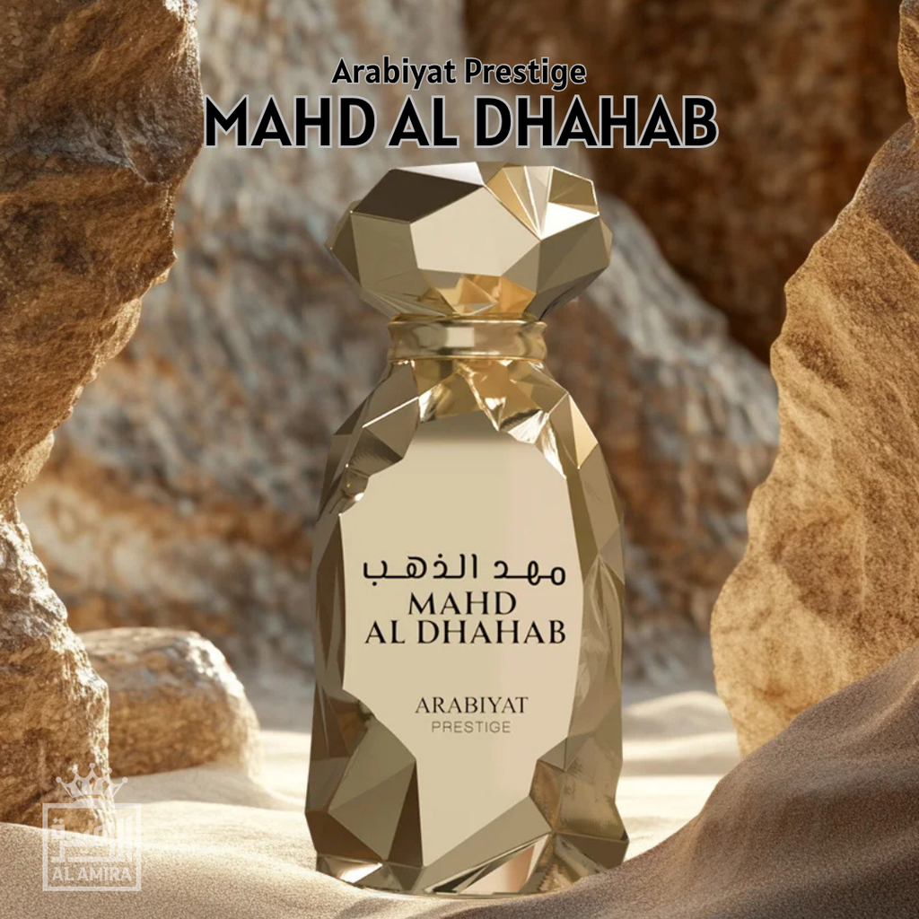 MAHD AL DHAHAB perfume bottle with desert background. Mahd Al Dhahab by Arabiyat Prestige Unisex Perfume
