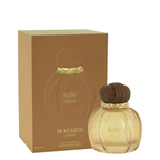 Maison Asrar Coffee Blend Eau de Parfum bottle with a ribbed amber glass body, dark brown textured cap, and gold accents, shown next to its brown cardboard packaging box on a white background.