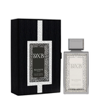 Maison Asrar DXB Eau de Parfum shown with its black presentation box and the clear rectangular perfume bottle with a silver cap on a white background.