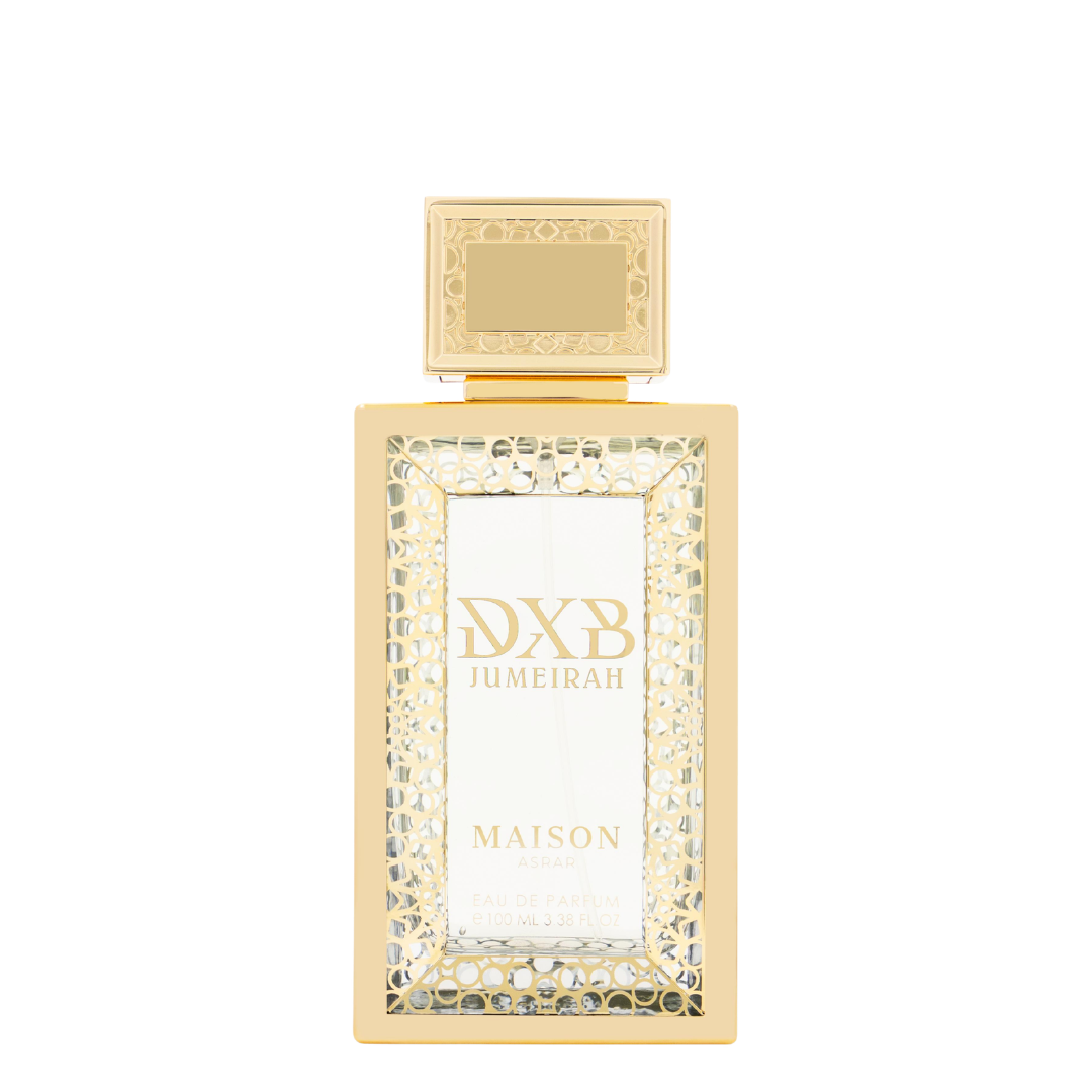 Maison Asrar DXB Jumeirah Eau de Parfum bottle, featuring a textured gold frame with a clear glass center and gold lettering, set against a plain white background.