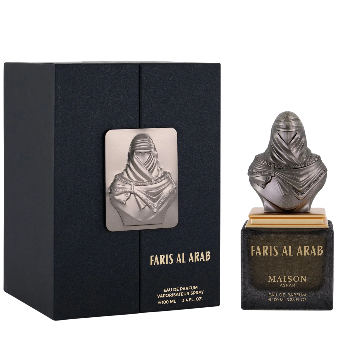 Maison Asrar Faris Al Arab Eau de Parfum shown with its black presentation box and the perfume bottle. The bottle features a metallic silver bust sculpture of a hooded figure on a black base with gold lettering.