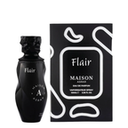 Maison Asrar Flair Eau de Parfum bottle in black next to its black and white packaging box, shown on a plain white background.