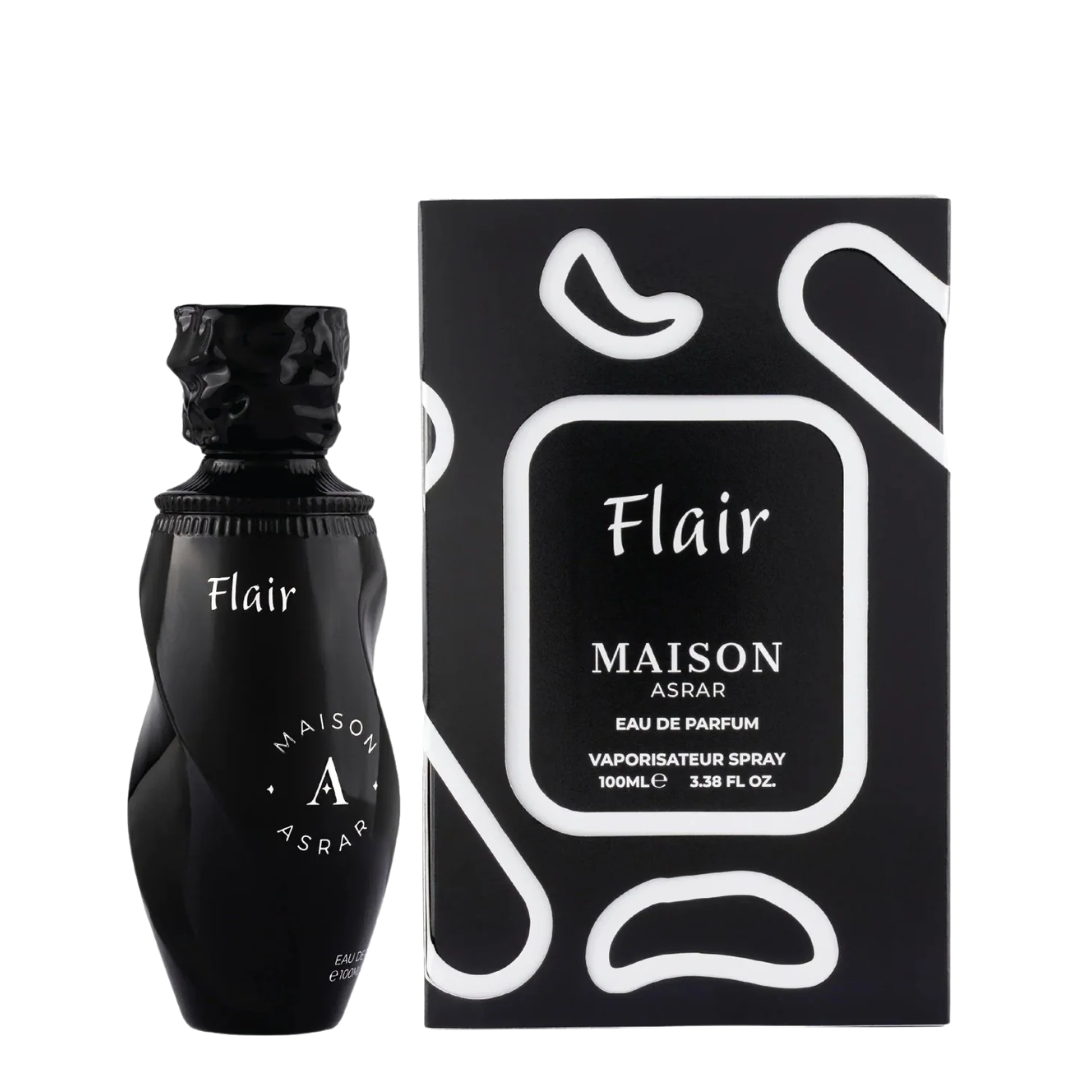 Maison Asrar Flair Eau de Parfum bottle in black next to its black and white packaging box, shown on a plain white background.