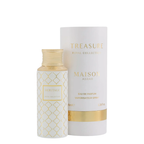 Maison Asrar Treasure Royal Collection Heritage Eau de Parfum bottle with a gold cap next to its white and gold cylindrical box, on a white background.