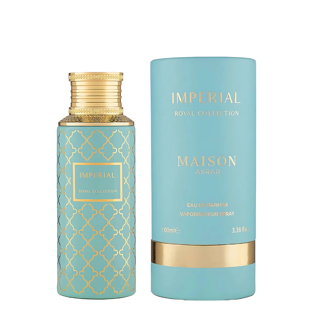 Maison Asrar Imperial Royal Collection Eau de Parfum bottle in light blue with gold trellis pattern and cap, shown next to its matching light blue cylindrical box with gold lettering on a white background.