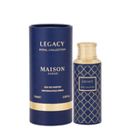 Maison Asrar Legacy Royal Collection Eau de Parfum, 100ml, featuring a navy blue cylindrical box with gold lettering and a matching patterned spray bottle with a gold cap, set against a plain white background.