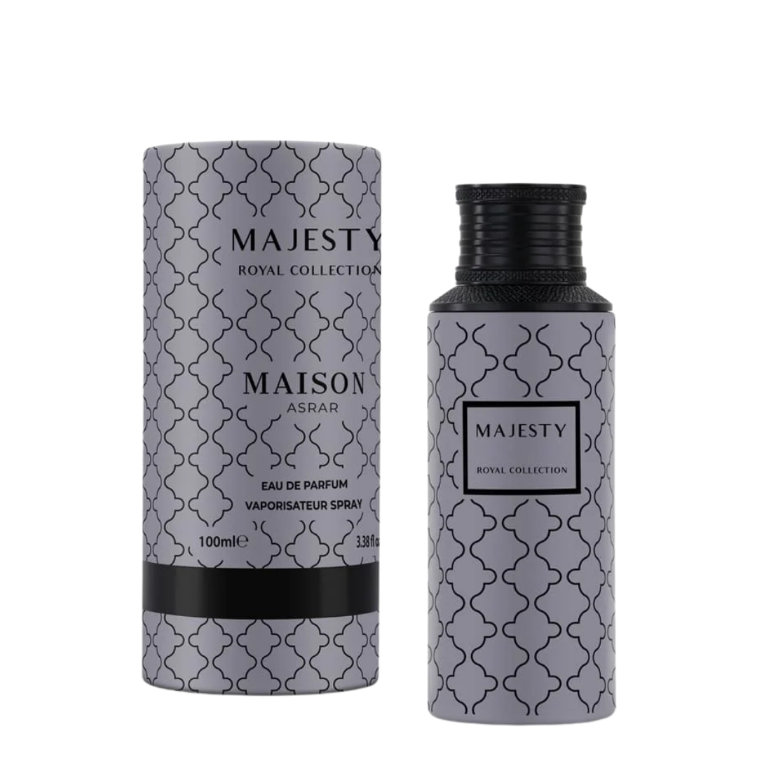 Majesty Royal Collection Eau de Parfum by Maison Asrar, shown in a 100ml cylindrical box and a matching 3.8 fl oz spray bottle.