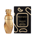 Maison Asrar Masterpiece Eau de Parfum bottle in a metallic gold finish, shown next to its black and gold packaging box on a plain white background.