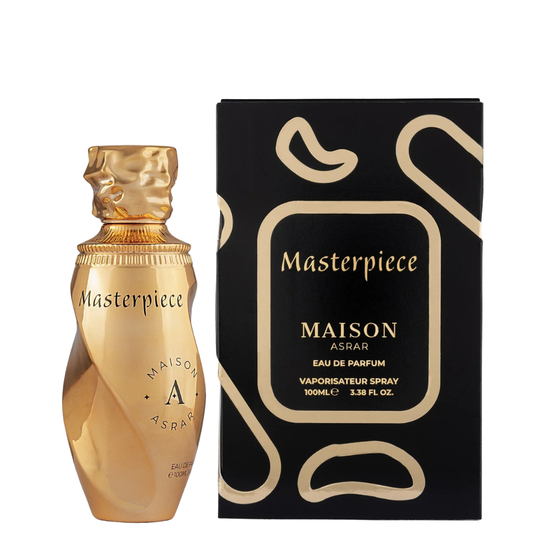 Maison Asrar Masterpiece Eau de Parfum bottle in a metallic gold finish, shown next to its black and gold packaging box on a plain white background.