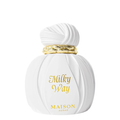 Maison Asrar Milky Way perfume bottle in white with a textured, ribbed design and a gold band around the neck, featuring gold lettering on a clean white background.