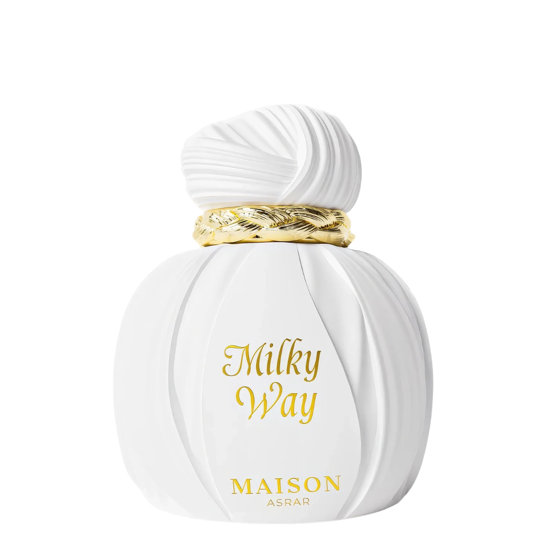 Maison Asrar Milky Way perfume bottle in white with a textured, ribbed design and a gold band around the neck, featuring gold lettering on a clean white background.