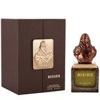 Muharib Eau de Parfum by Maison Asrar, featuring a dark brown box with a gold-toned hooded figure emblem and a matching metallic copper-toned perfume bottle with a sculpted hooded figure cap on a dark greenish glass base.