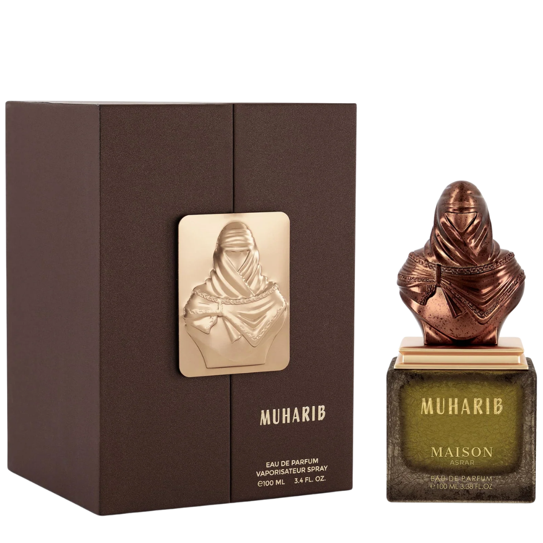 Muharib Eau de Parfum by Maison Asrar, featuring a dark brown box with a gold-toned hooded figure emblem and a matching metallic copper-toned perfume bottle with a sculpted hooded figure cap on a dark greenish glass base.