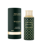 Maison Asrar Regent Royal Collection eau de parfum, 100ml, shown with its dark green cylindrical box and matching patterned spray bottle on a white background.