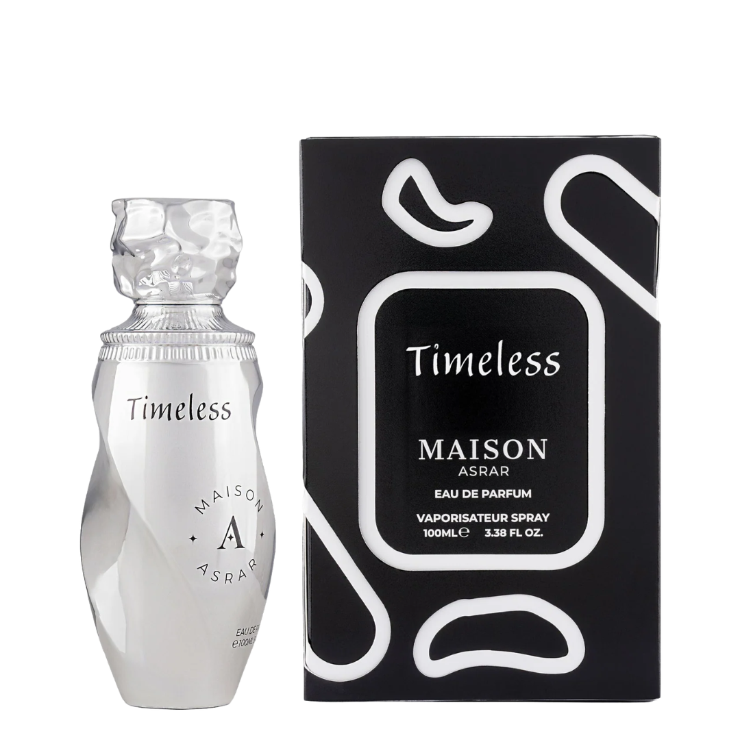 Maison Asrar Timeless Eau de Parfum 100ml spray bottle next to its black and white packaging box.