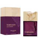 Maison Asrar Tornado Eau de Parfum shown with its purple and beige box packaging and the matching purple glass spray bottle with a metallic gold cap, on a plain white background.