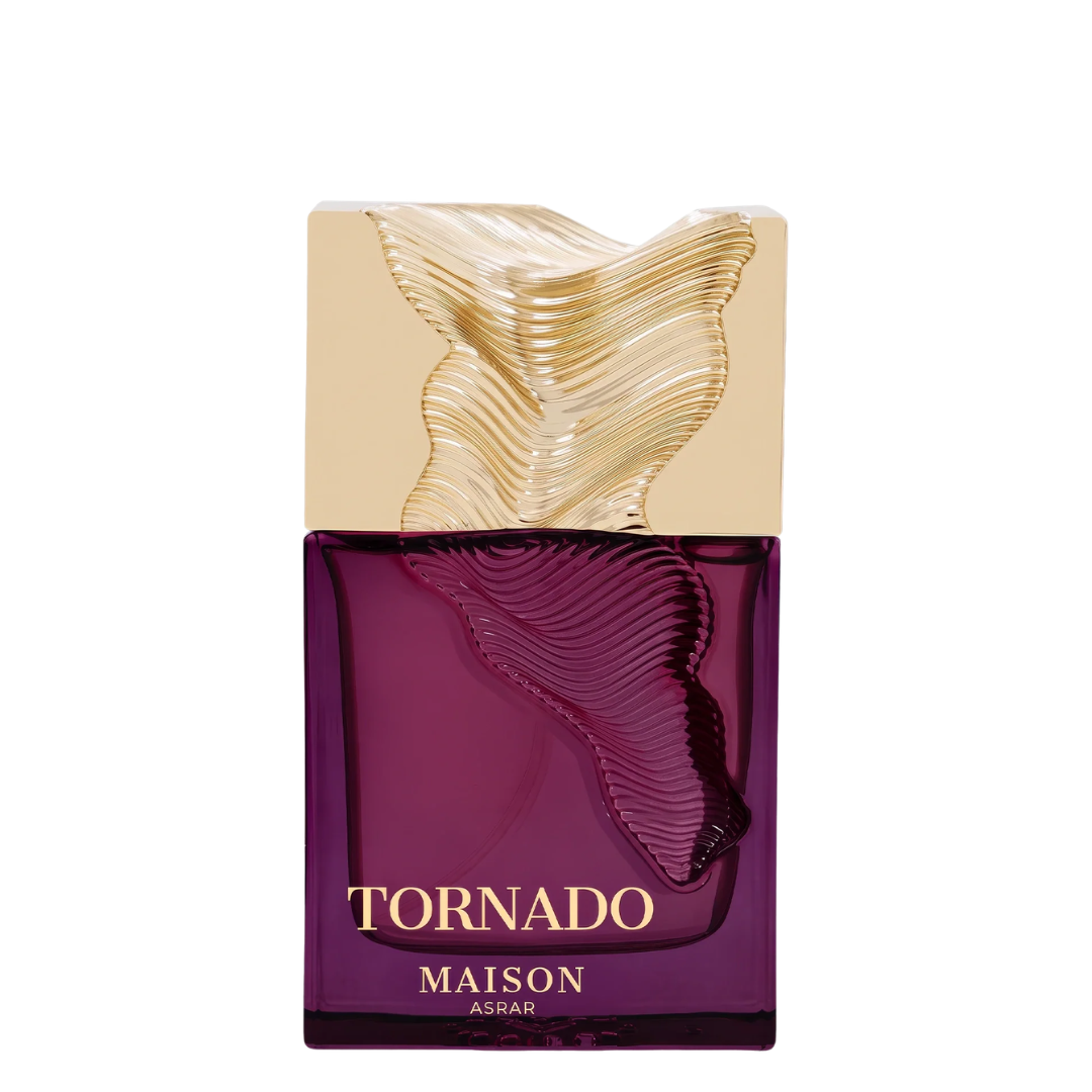 Maison Asar Tornado perfume bottle with a deep purple glass body, gold lettering, and a sculpted gold cap on a white background.