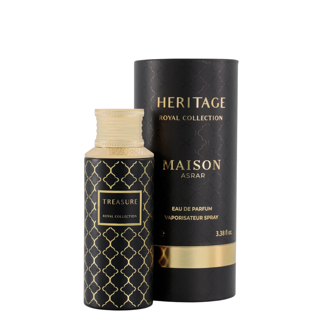 Maison Asrar Treasure Royal Collection Eau de Parfum bottle next to its black cylindrical packaging box with gold lettering, on a white background.
