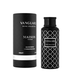Maison Asrar Vanguard Royal Collection Eau de Parfum, 100ml, shown with its black cylindrical packaging box and the black spray bottle featuring a white geometric pattern.