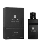 Maison Asrar Thriller Cal Cologne Extrait de Parfum bottle and its black packaging box, featuring a sleek matte black design with silver text.