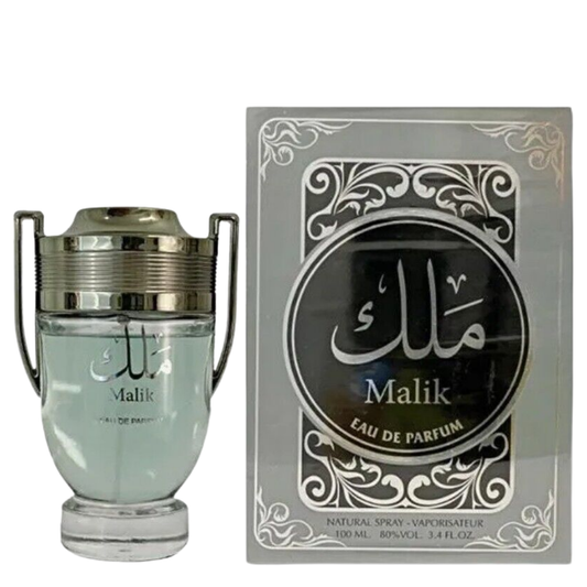 Perfume bottle and packaging of Malik Eau de Parfum on a white background. Malik Mens Perfume by Ard Al Zaafaran