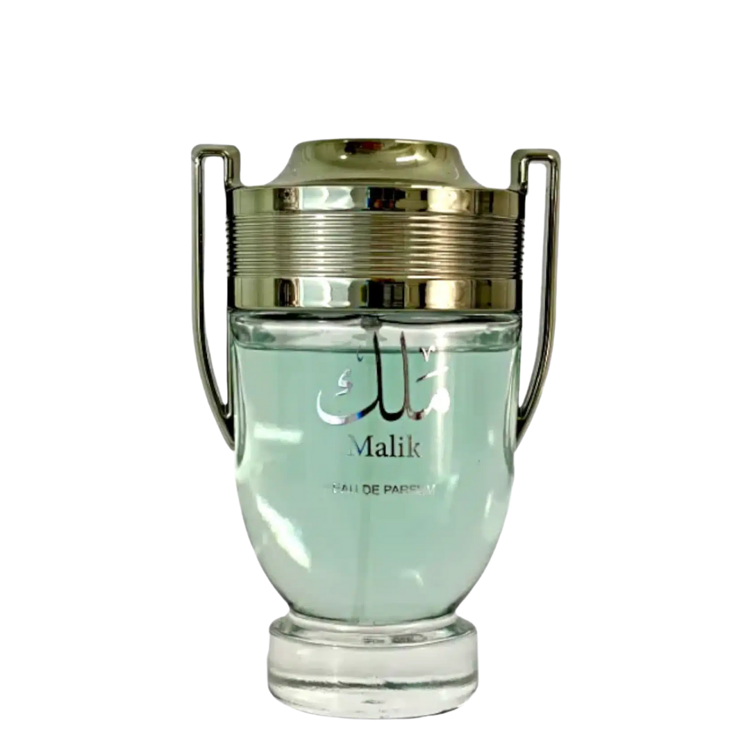 A bottle of Malik Perfume by Ard Al Zaafaran with a clear, light green liquid visible and the brand and name 'Malik' displayed on the top portion of the bottle.