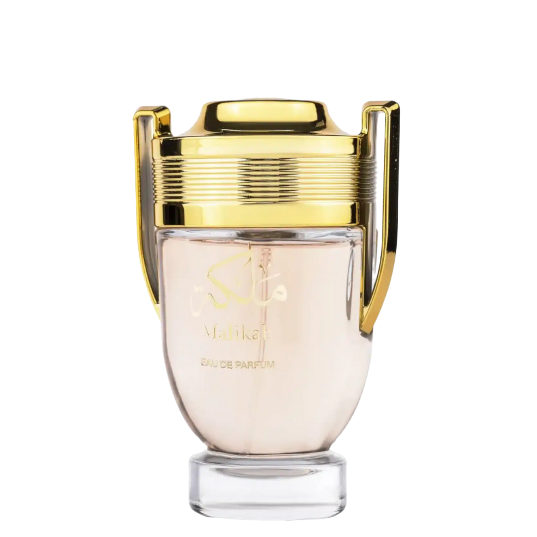 A glass bottle of Malikah Perfume by Ard Al Zaafaran with a gold-colored cap and label.