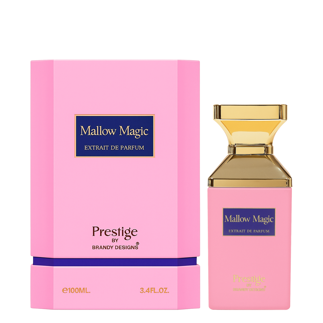 Pink 'Mallow Magic' perfume bottle and packaging on a white background