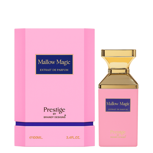 Pink 'Mallow Magic' perfume bottle and packaging on a white background