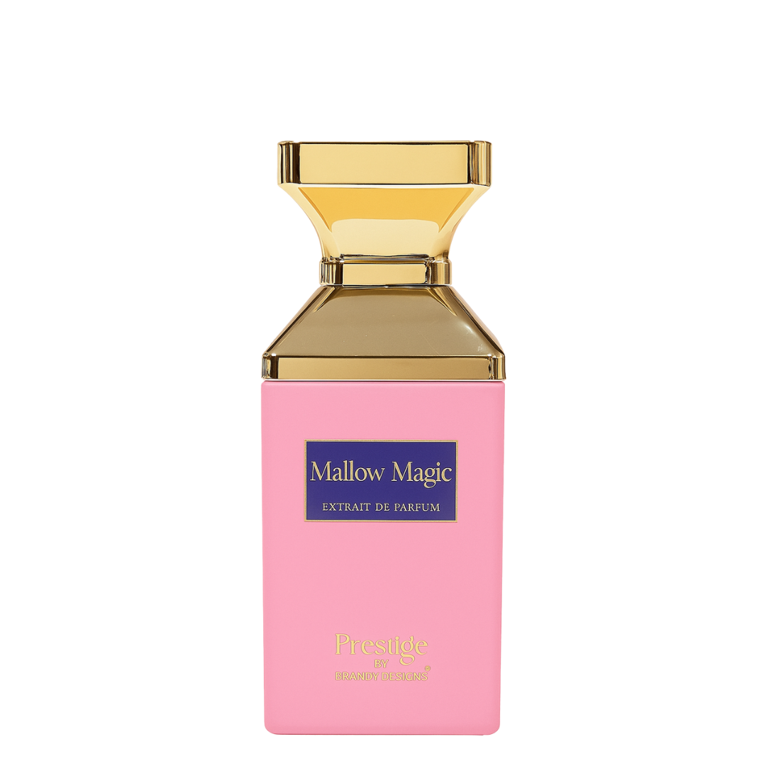 Pink and gold Mallow Magic perfume bottle on a white background
