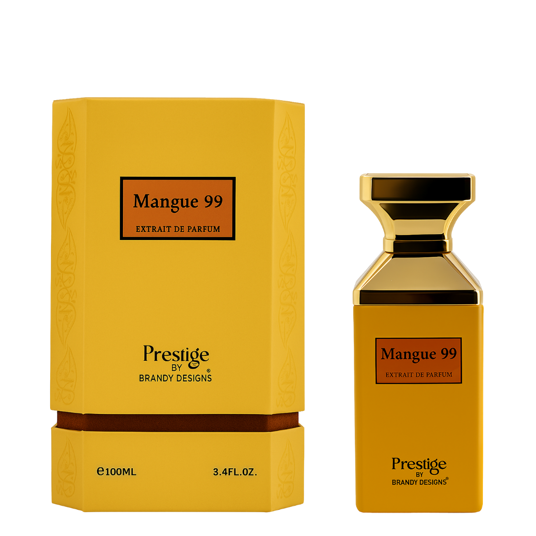 Prestige by Brandy Designs Mangue 99 perfume bottle and packaging on a white background