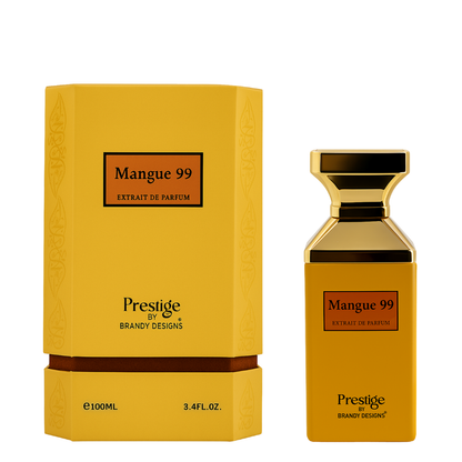 Prestige by Brandy Designs Mangue 99 perfume bottle and packaging on a white background