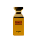 Yellow perfume bottle with gold cap labeled 'Mangue 99' by Prestige Brandy Designs on a white background.