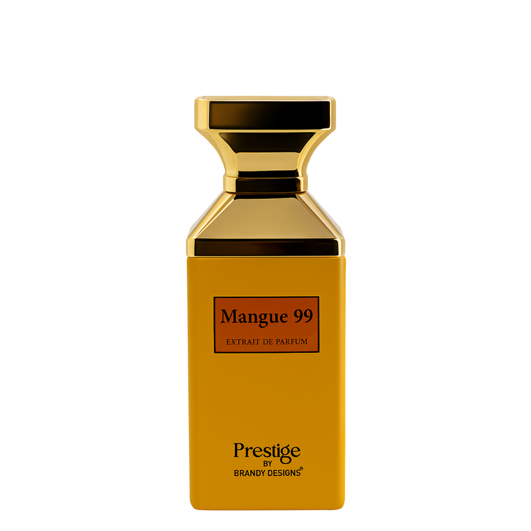 Yellow perfume bottle with gold cap labeled 'Mangue 99' by Prestige Brandy Designs on a white background.