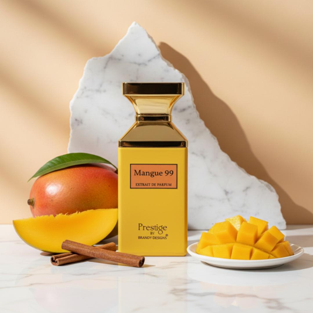 Gold perfume bottle labeled 'Mangue 99' with mangoes and cinnamon sticks on a marble surface.