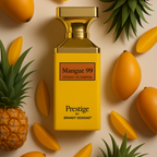 Yellow perfume bottle labeled 'Mangue 99' surrounded by mangoes and pineapples on a beige background