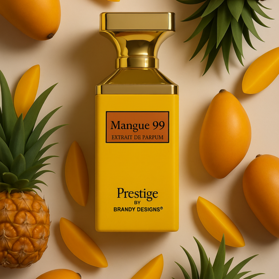 Yellow perfume bottle labeled 'Mangue 99' surrounded by mangoes and pineapples on a beige background