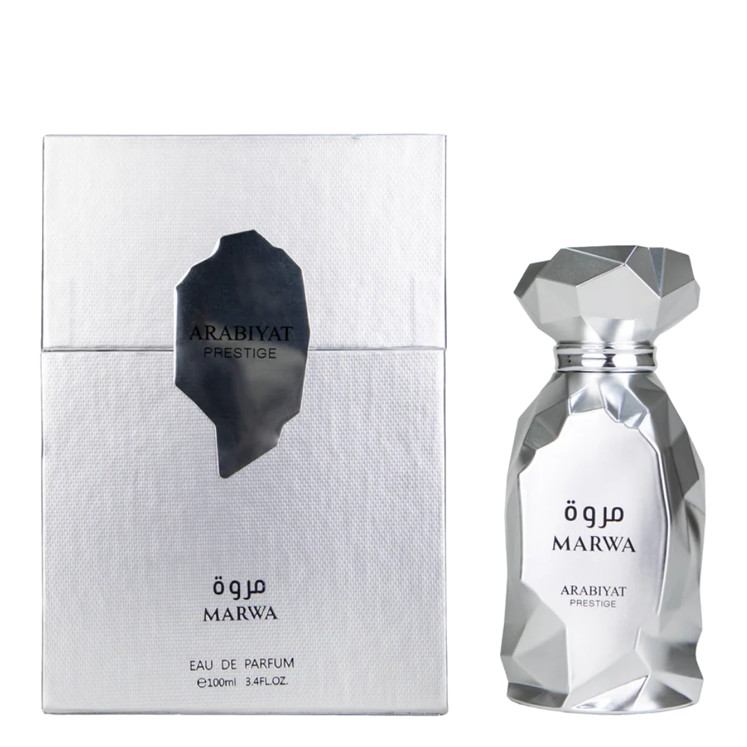 Marwa long lasting perfumes bottle and presentation box by Arabiyat Prestige. Polished, shiny silver bottle with angular features. My Perfumes. 